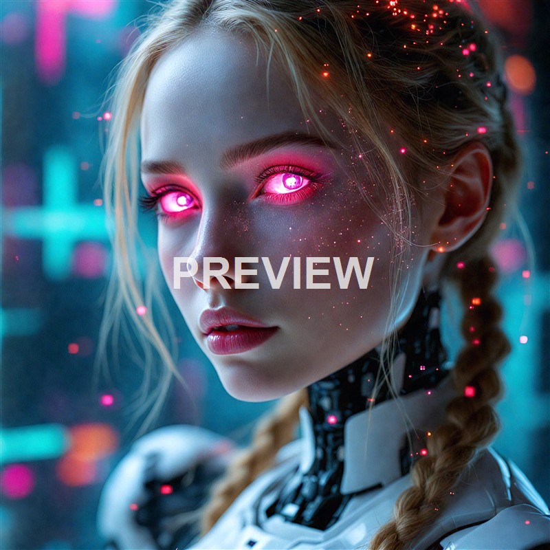 A futuristic female android with glowing pink eyes, braided hair, and a sleek black and white body, set against a vibrant, neon-lit cityscape background.